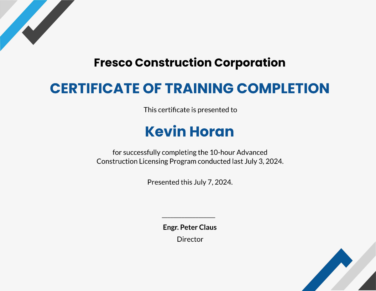 Printable Construction Certificate Template