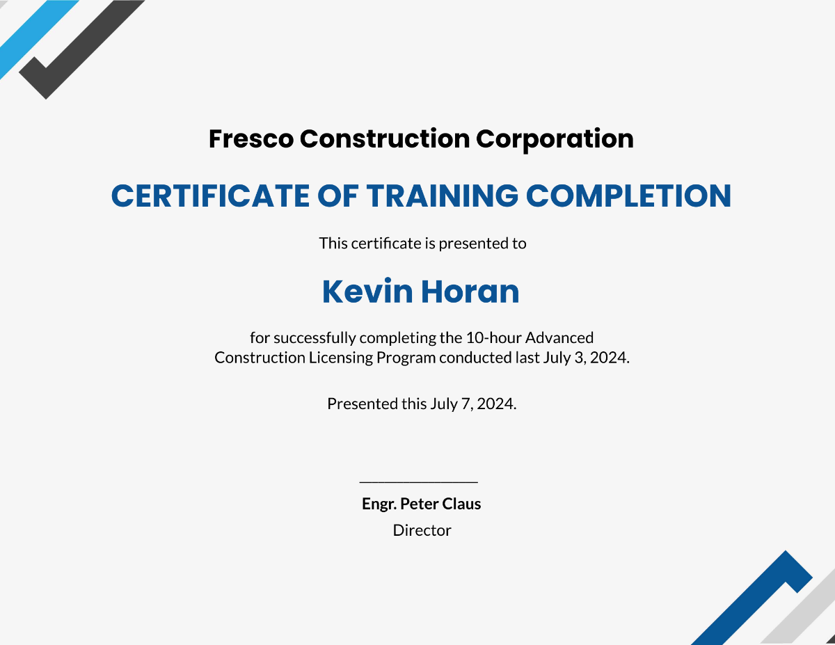 Printable Construction Certificate