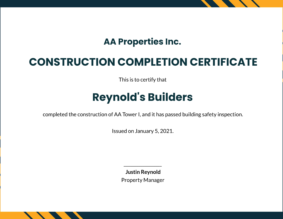 Free Simple Construction Certificate Template