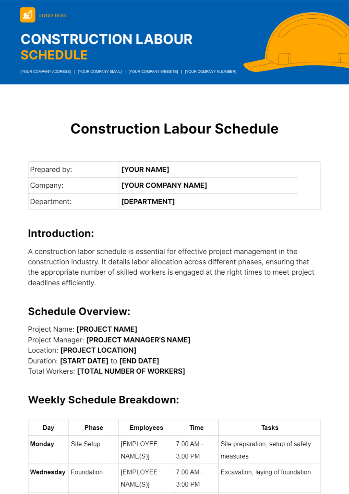 Construction Labour Schedule Template - Edit Online & Download