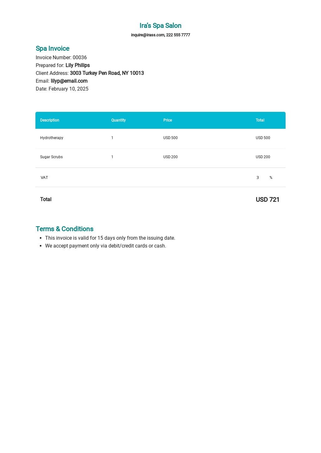 Spa Invoice Template [Free PDF] - Excel, Word