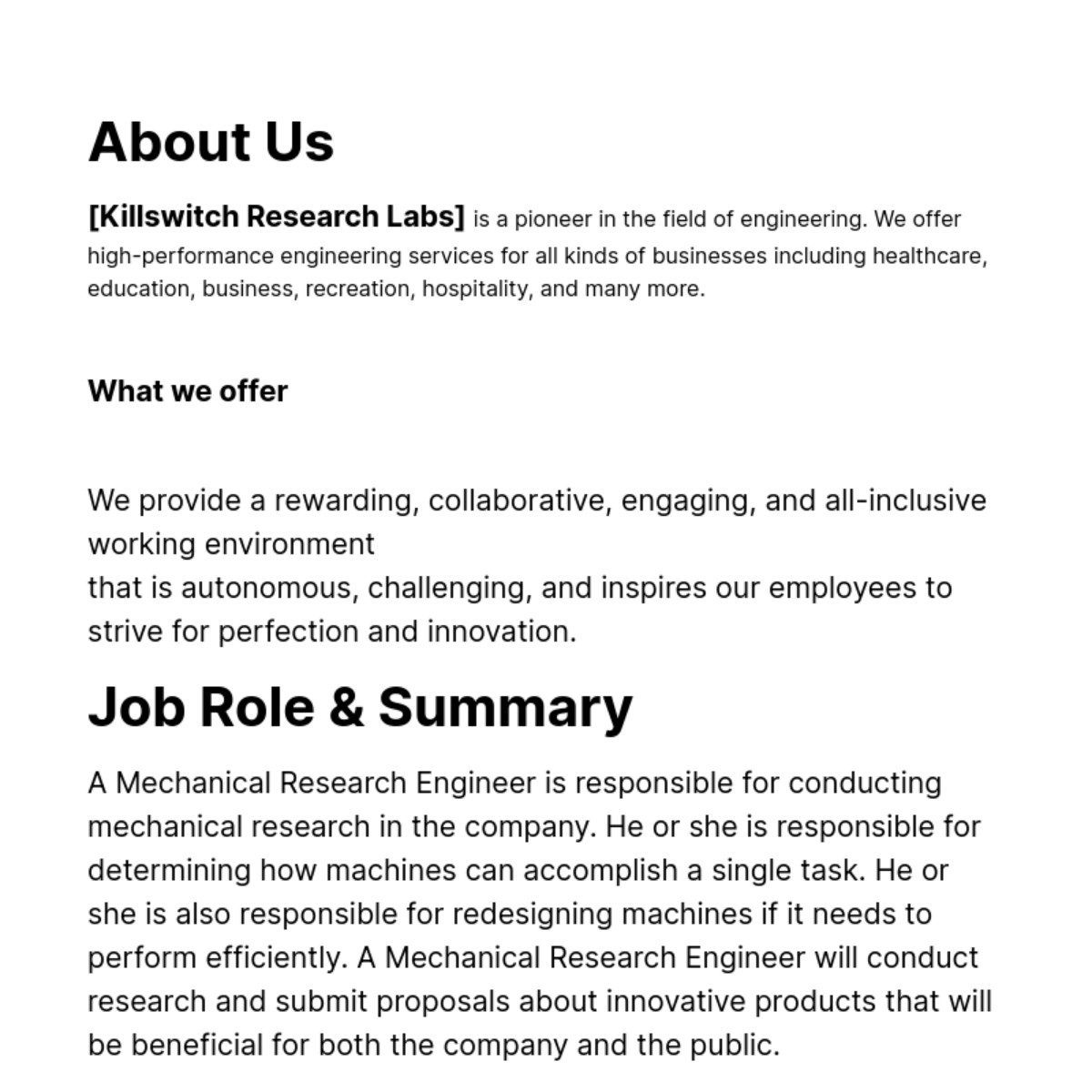 Mechanical Research Engineer Job Ad/Description Template