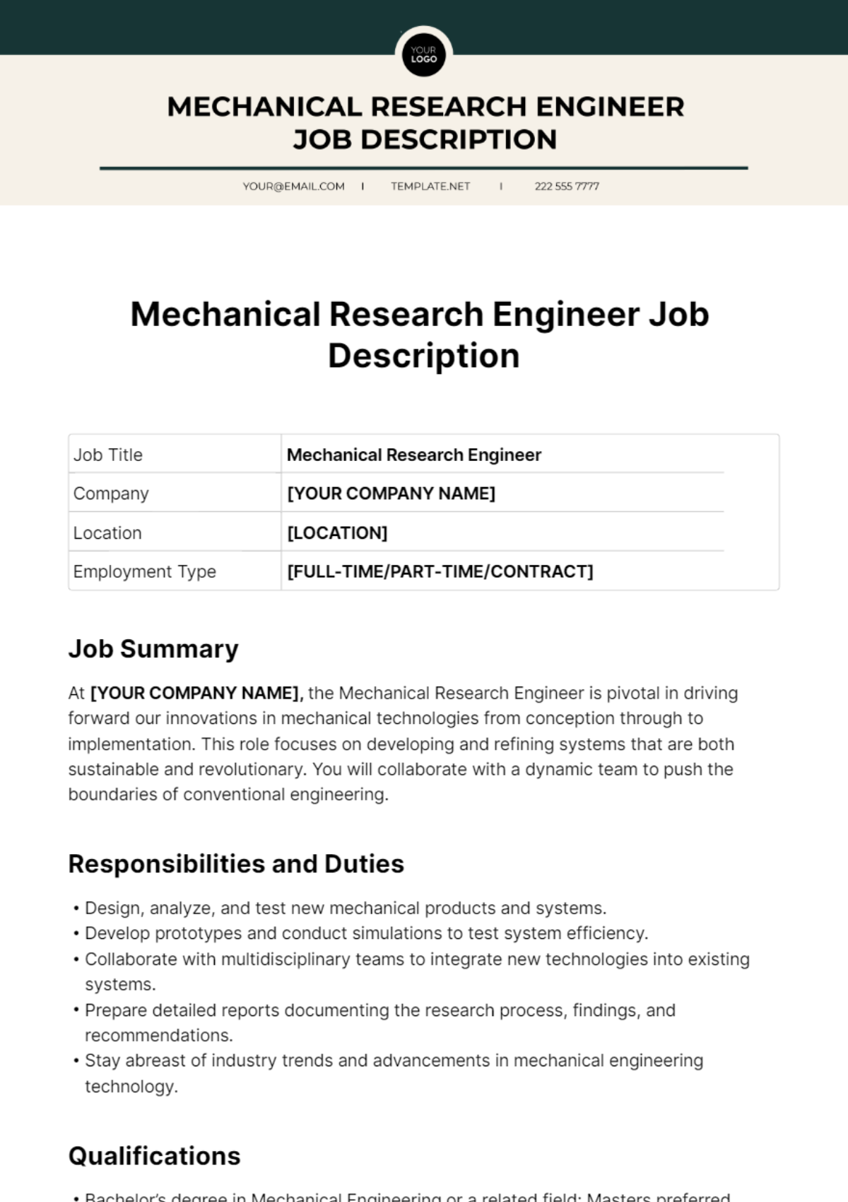 Mechanical Research Engineer Job Description Template