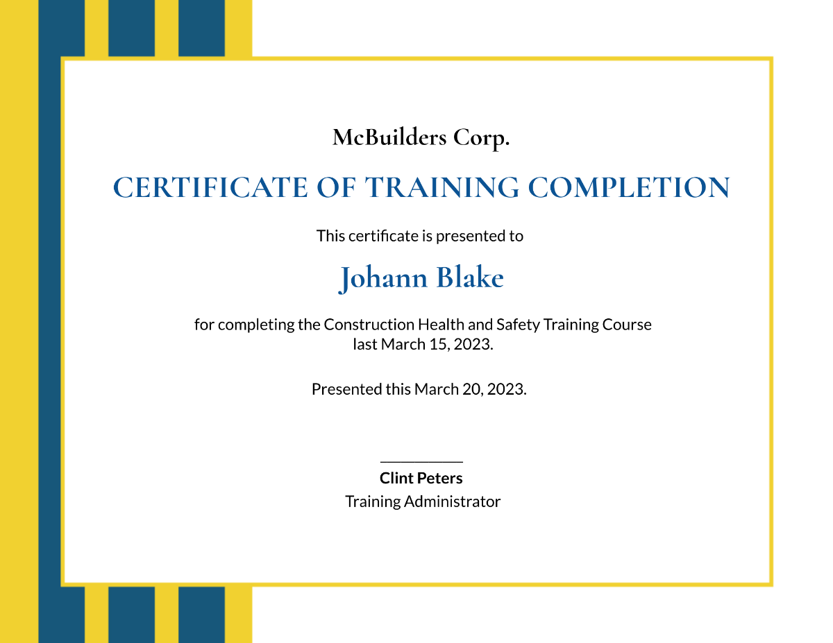 Construction Training Certificate Template