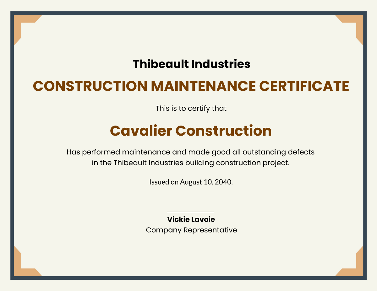 Construction Maintenance Certificate Template