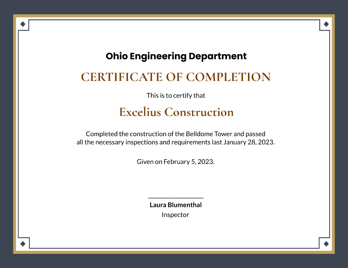 Free Building Construction Completion Certificate Template