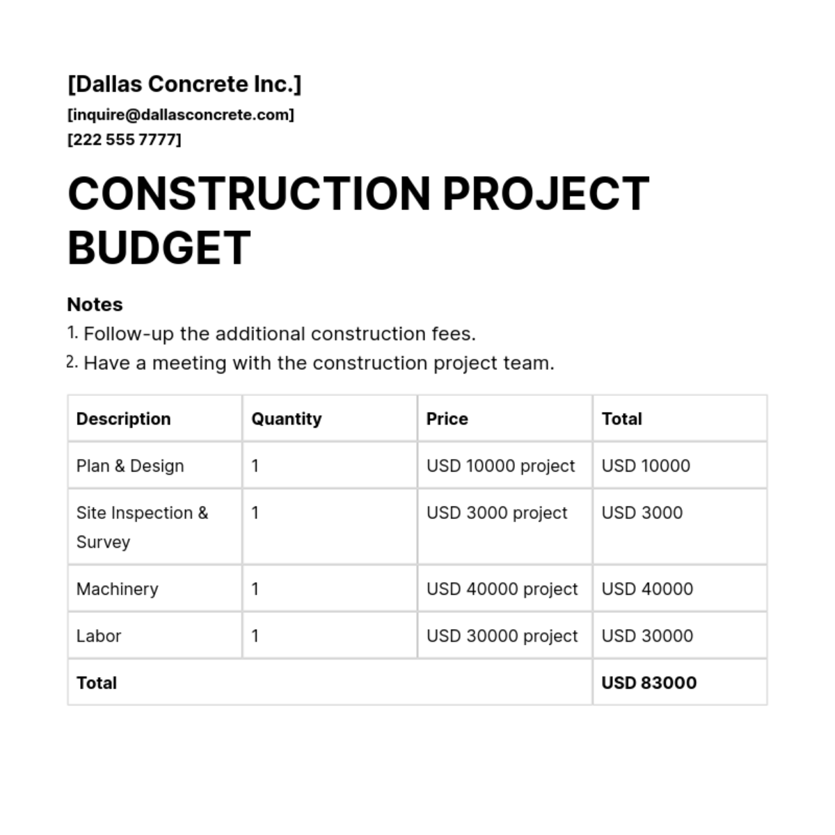 New Construction Project Budget Template