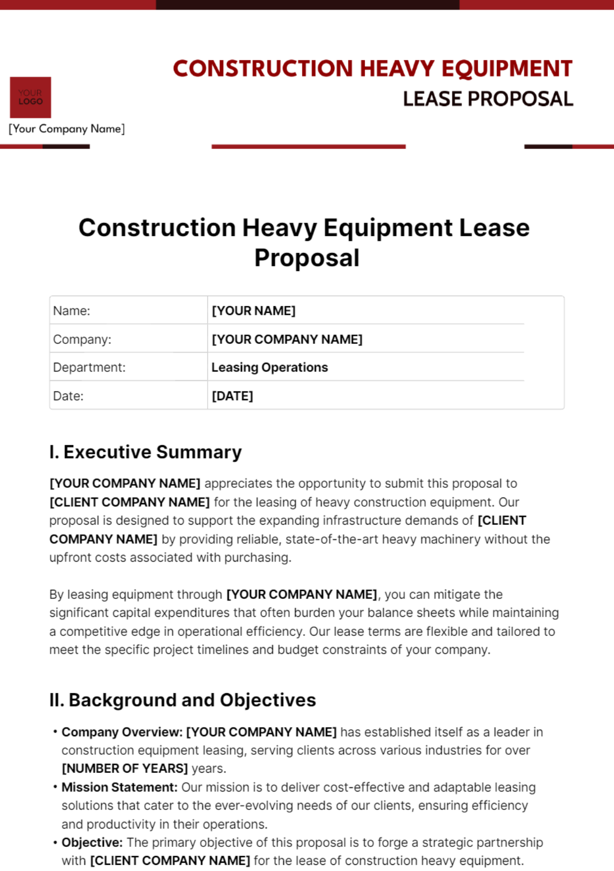 Free Construction Heavy Equipment Lease Proposal Template