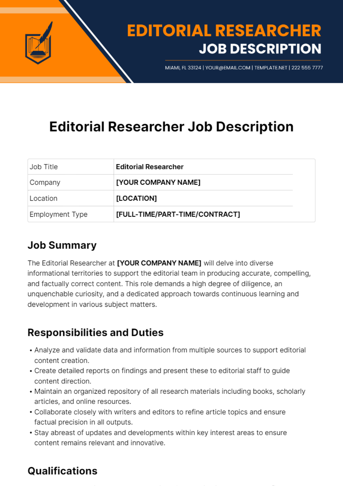 Free Editorial Researcher Job Ad/Description Template