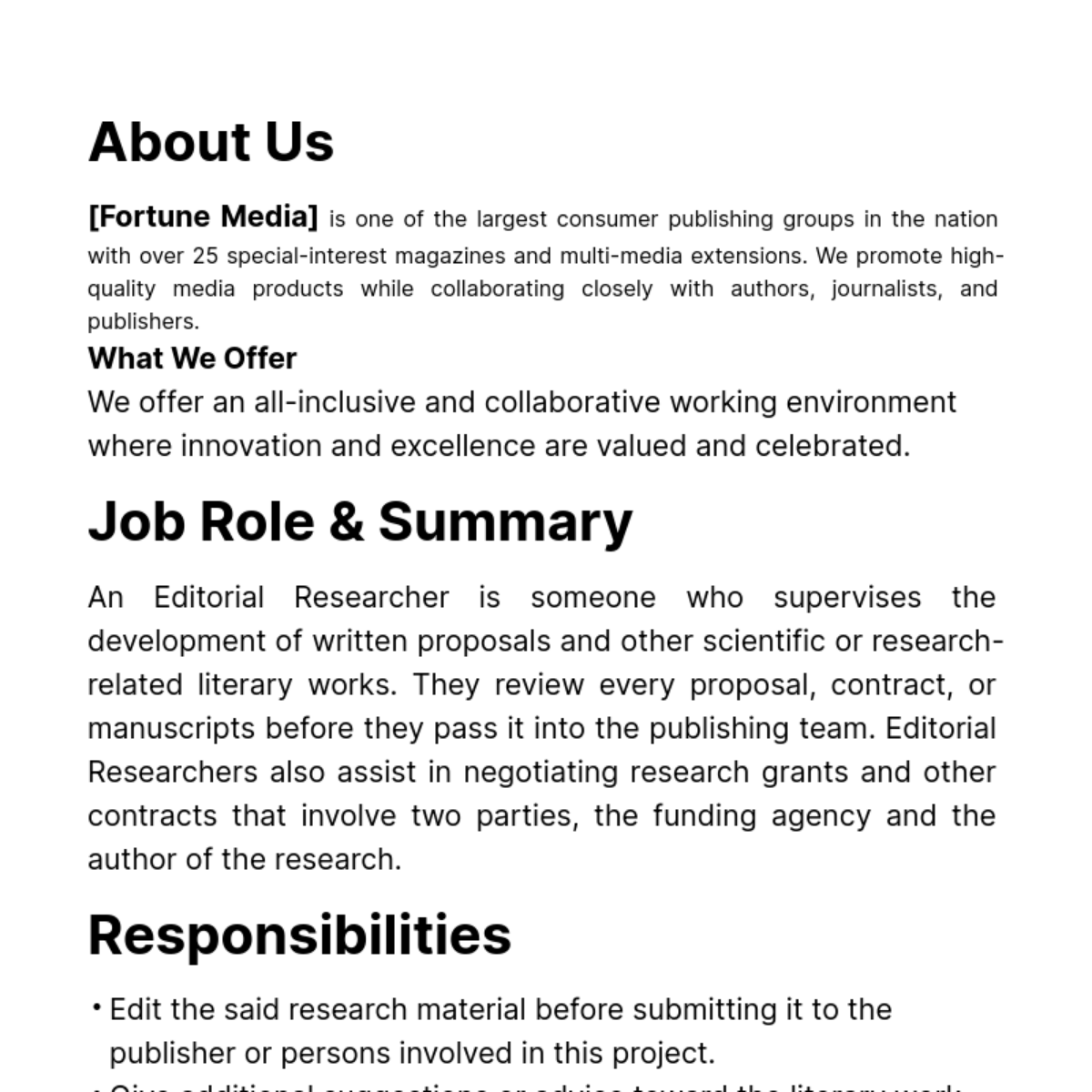 Editorial Researcher Job Ad/Description Template