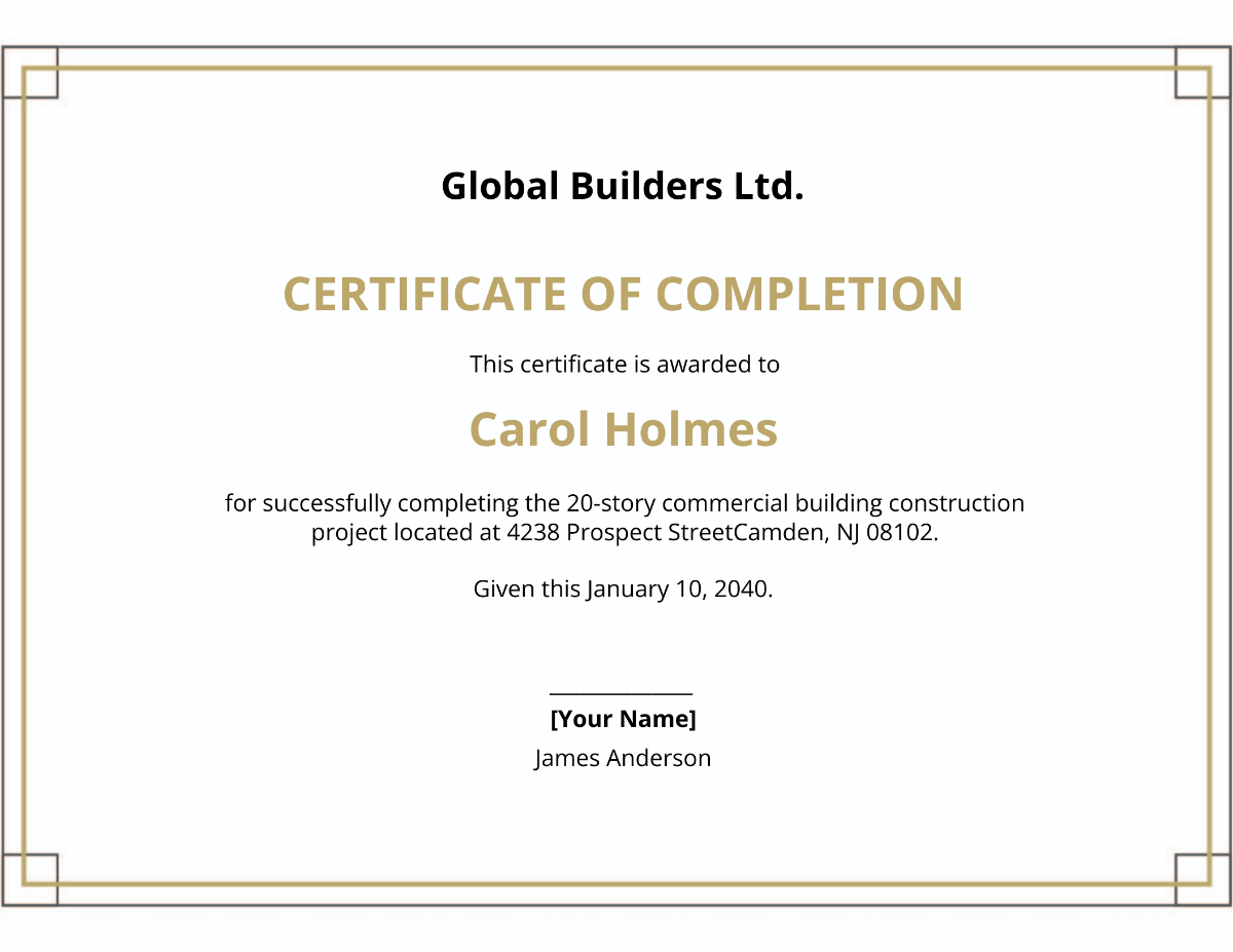 Construction Project Completion Certificate