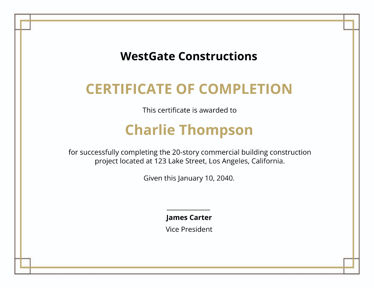 Free Construction Project Completion Certificate Template