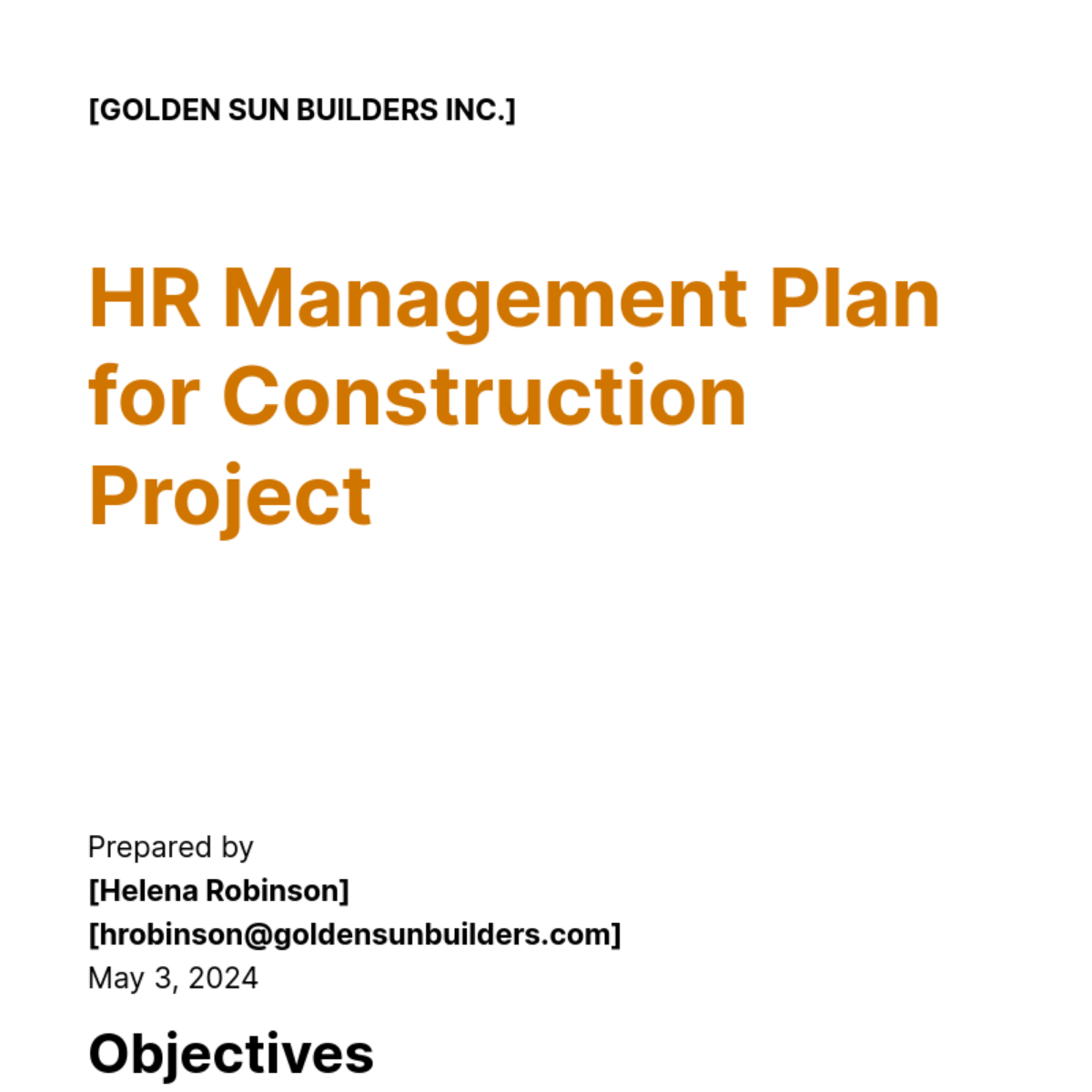 HR Management Plan for a Construction Project Template