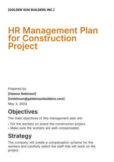 Free HR Management Plan for a Construction Project Template to Edit Online