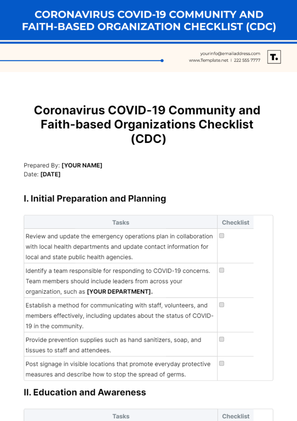 Free Coronavirus COVID-19 Community and Faith-based Organizations Checklist (CDC) Template