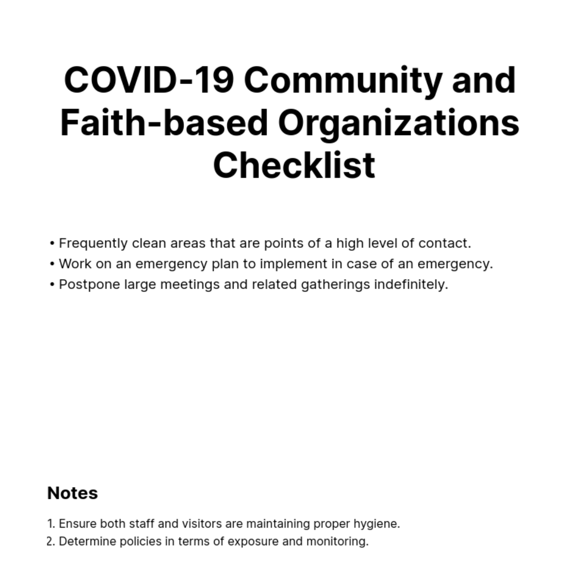 Coronavirus COVID-19 Community and Faith-based Organizations Checklist (CDC) Template