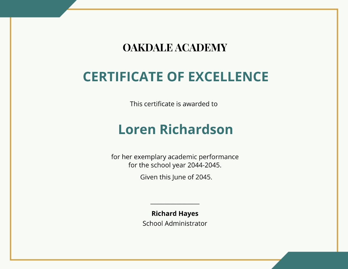 Academic Education Excellence Award Certificate