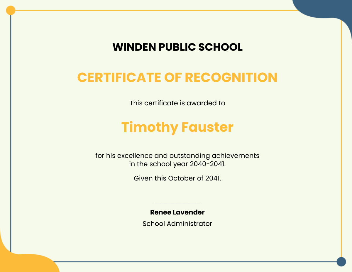 Certificate of Recognition School Template