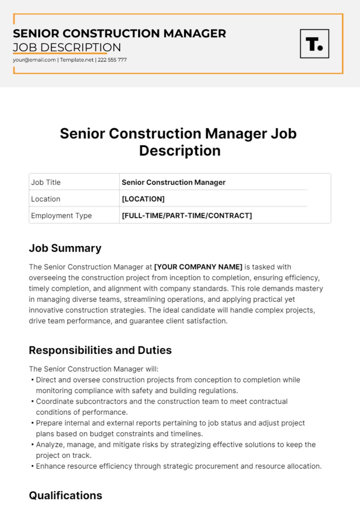 Senior Construction Manager Job Ad and Description Template