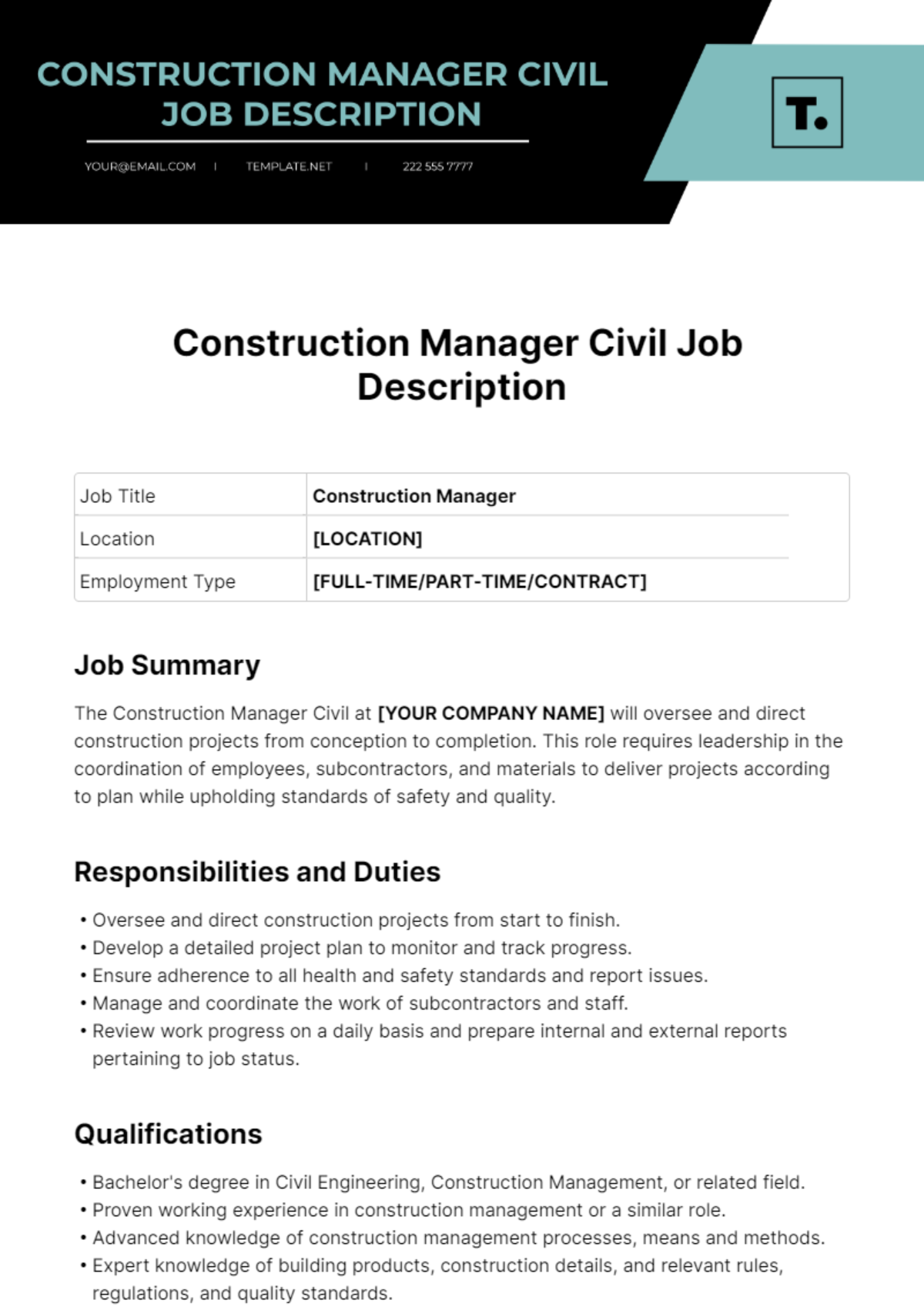 Construction Manager Civil Job Ad and Description Template