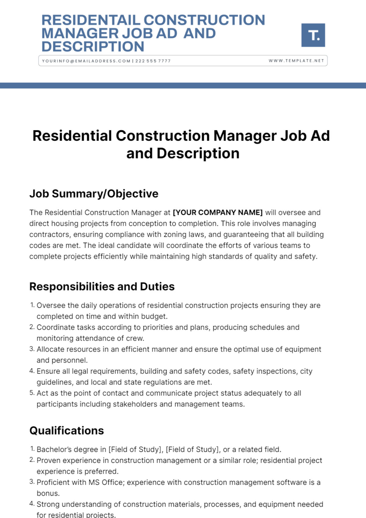 Residential Construction Manager Job Ad and Description Template
