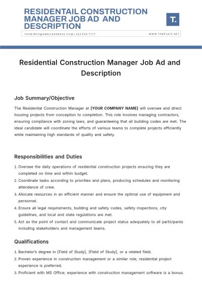 Free Residential Construction Manager Job Ad and Description Template to Edit Online