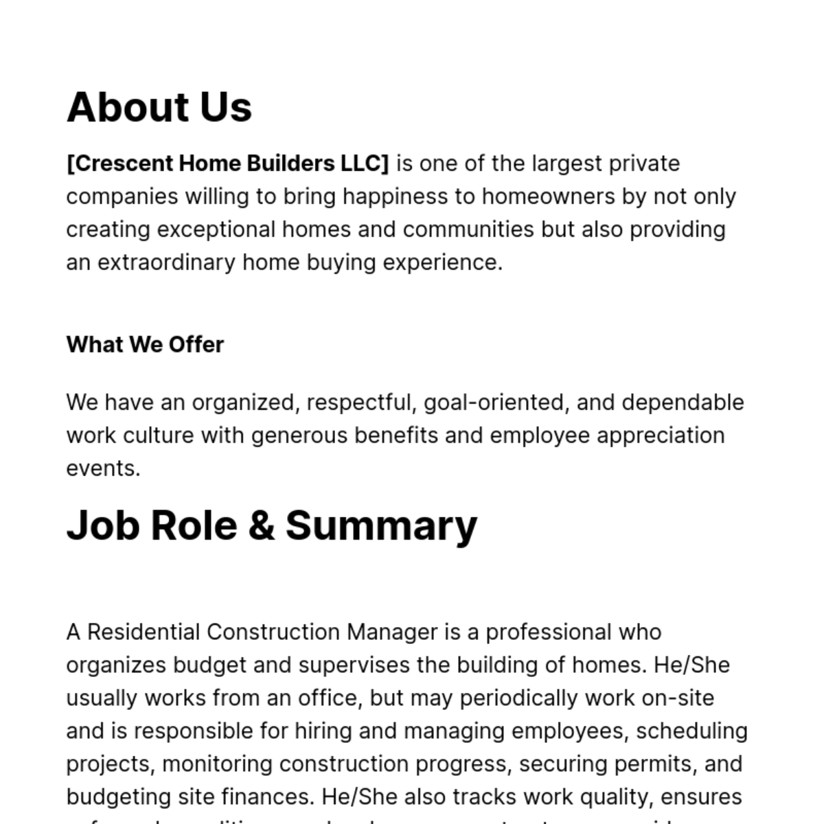 Sample Construction Manager Job Ad and Description Template
