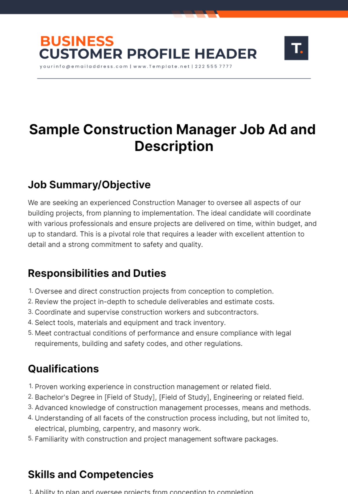 Sample Construction Manager Job Ad and Description Template