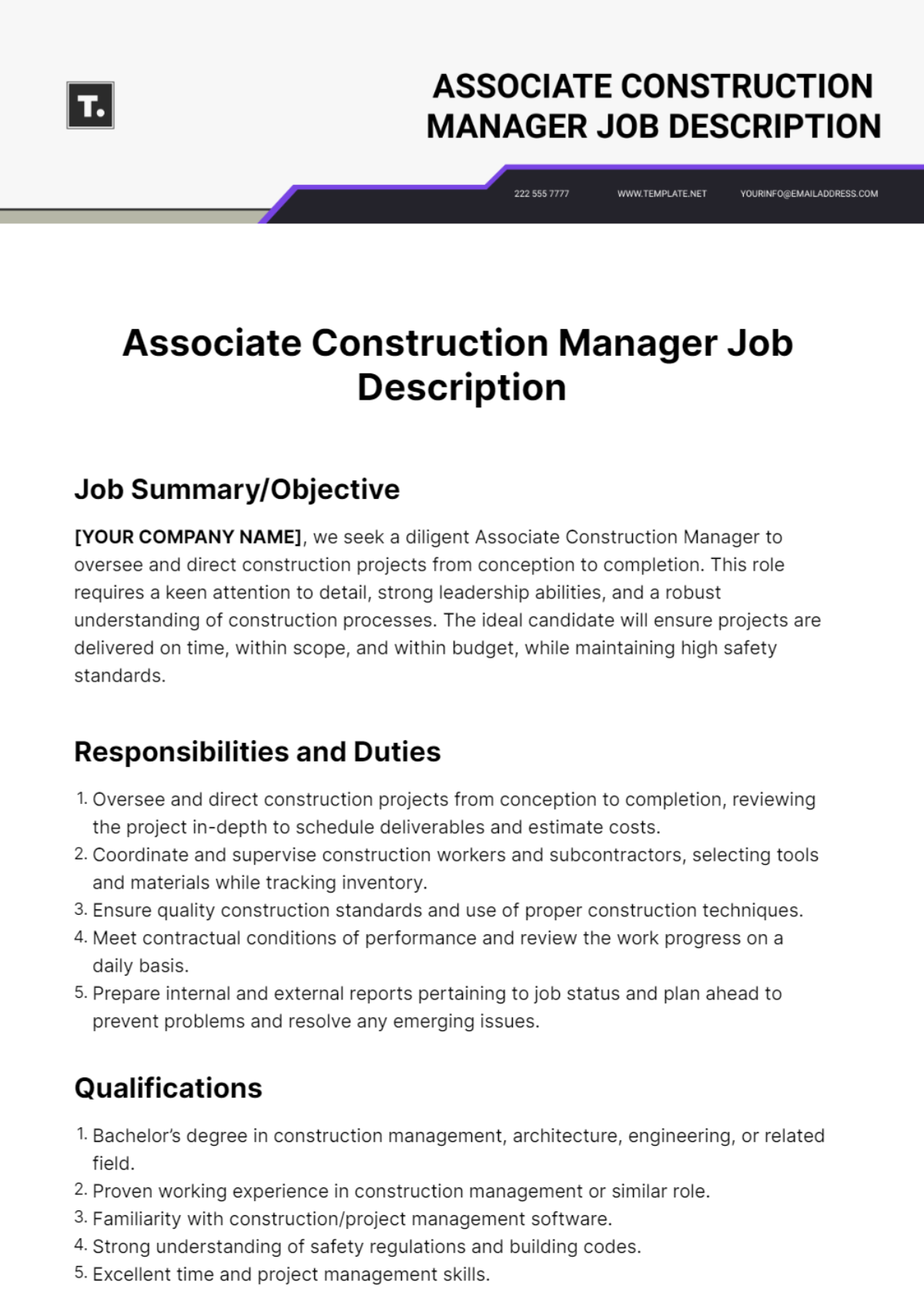 Associate Construction Manager Job Description Template