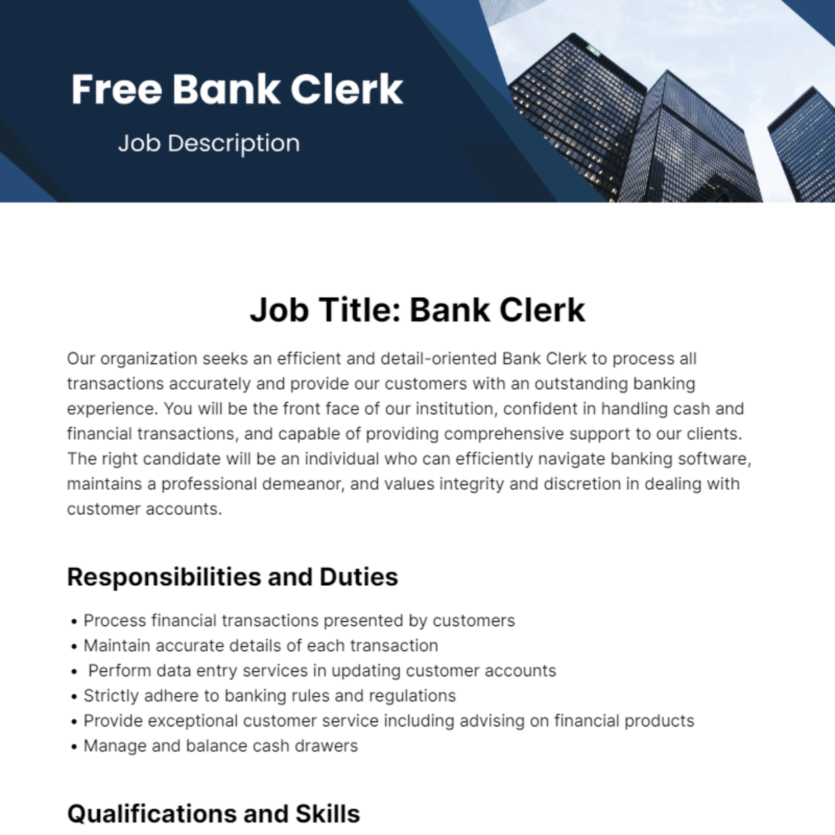 Free Bank Clerk Job Description Template