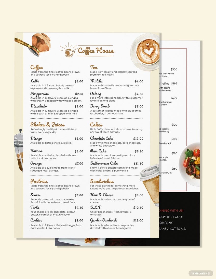 Blank Cafe/Coffee Shop Menu Template in Word, Illustrator, PSD, Apple Pages, Publisher