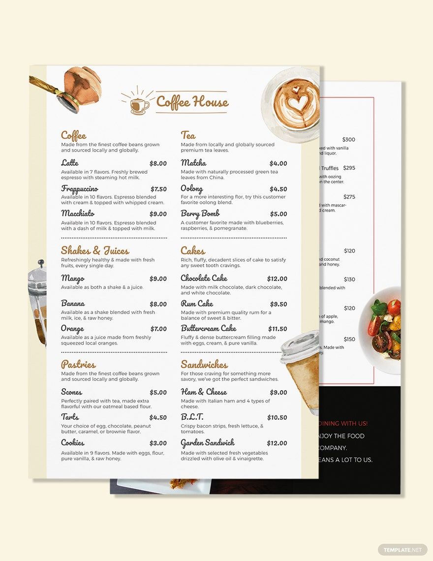 Blank Cafe Coffee Shop Menu Template Illustrator Word Apple Pages 