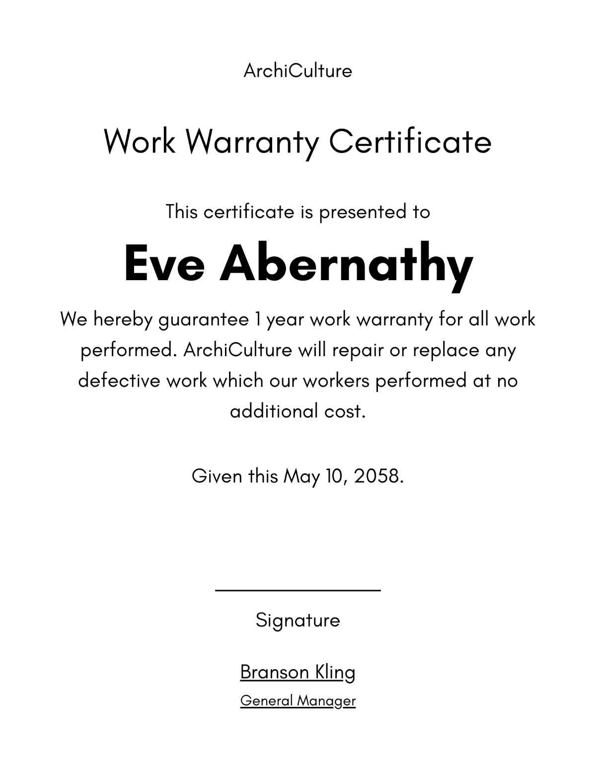 Free Construction Warranty Certificate Template