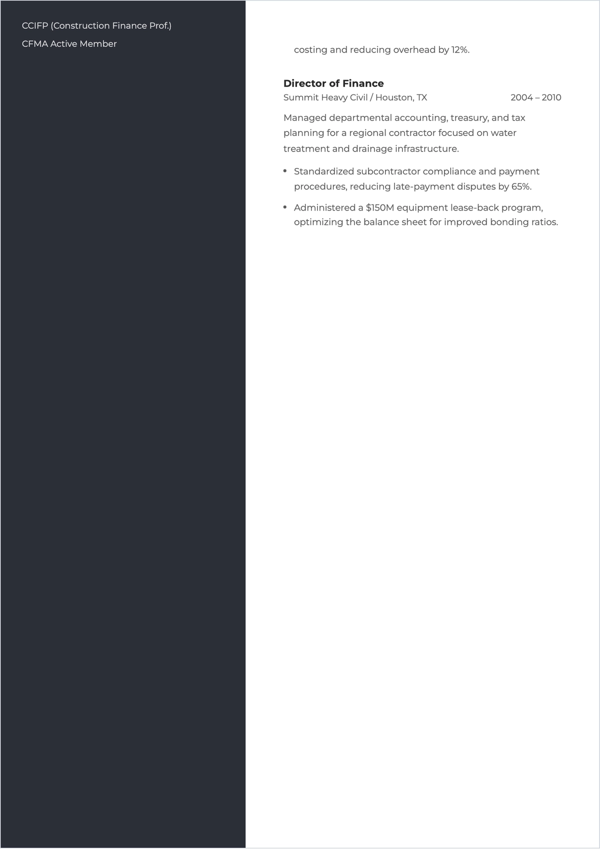 Free Construction Chief Financial Officer ATS Resume Template