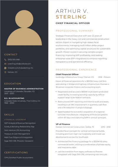 Free Construction Chief Financial Officer ATS Resume Template