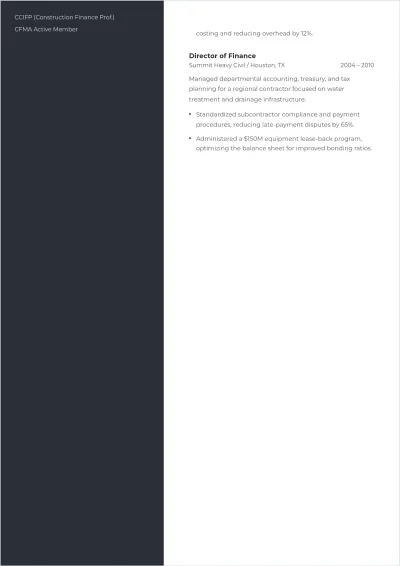 Free Construction Chief Financial Officer ATS Resume Template