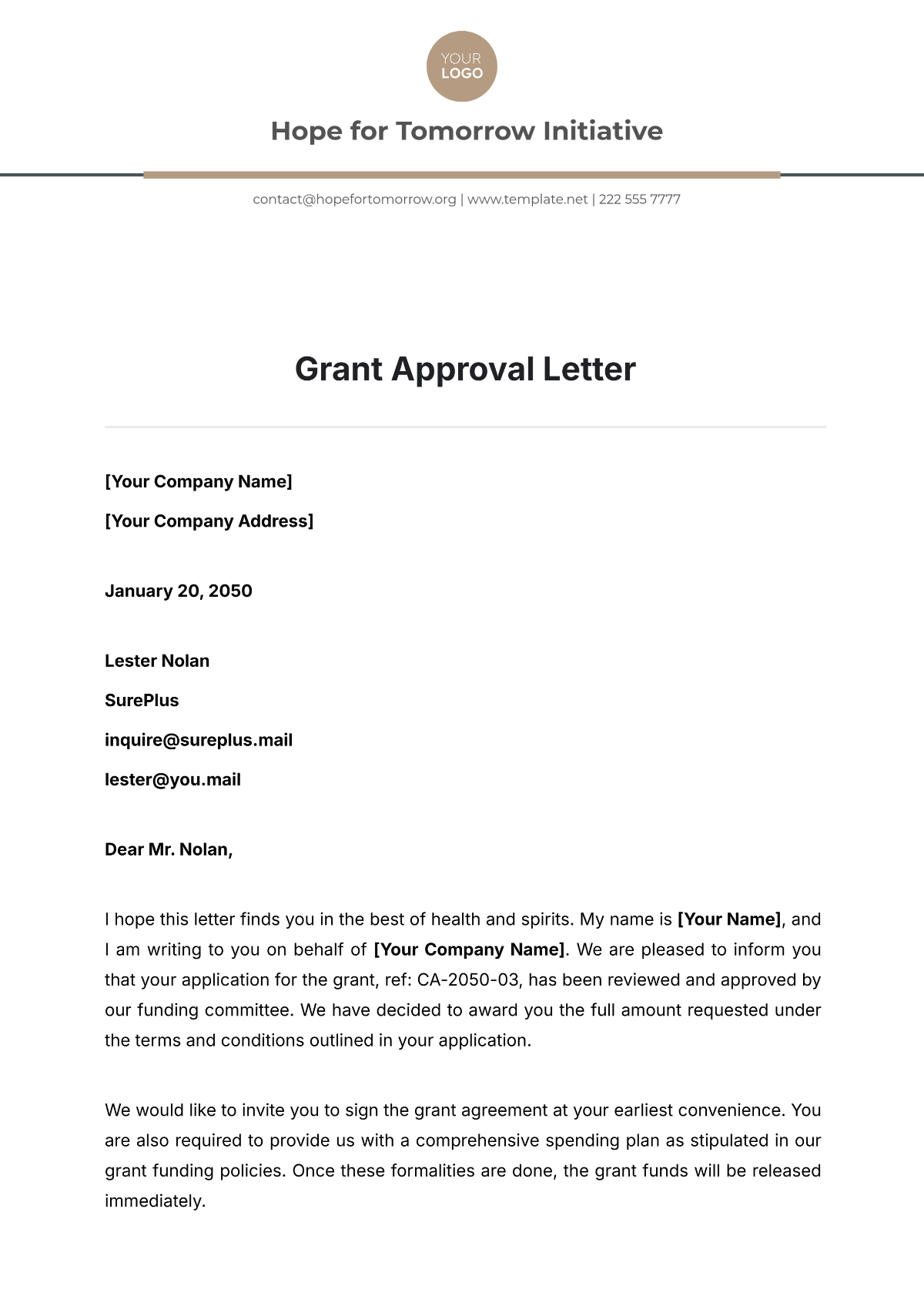 Grant Approval Letter - Edit Online & Download