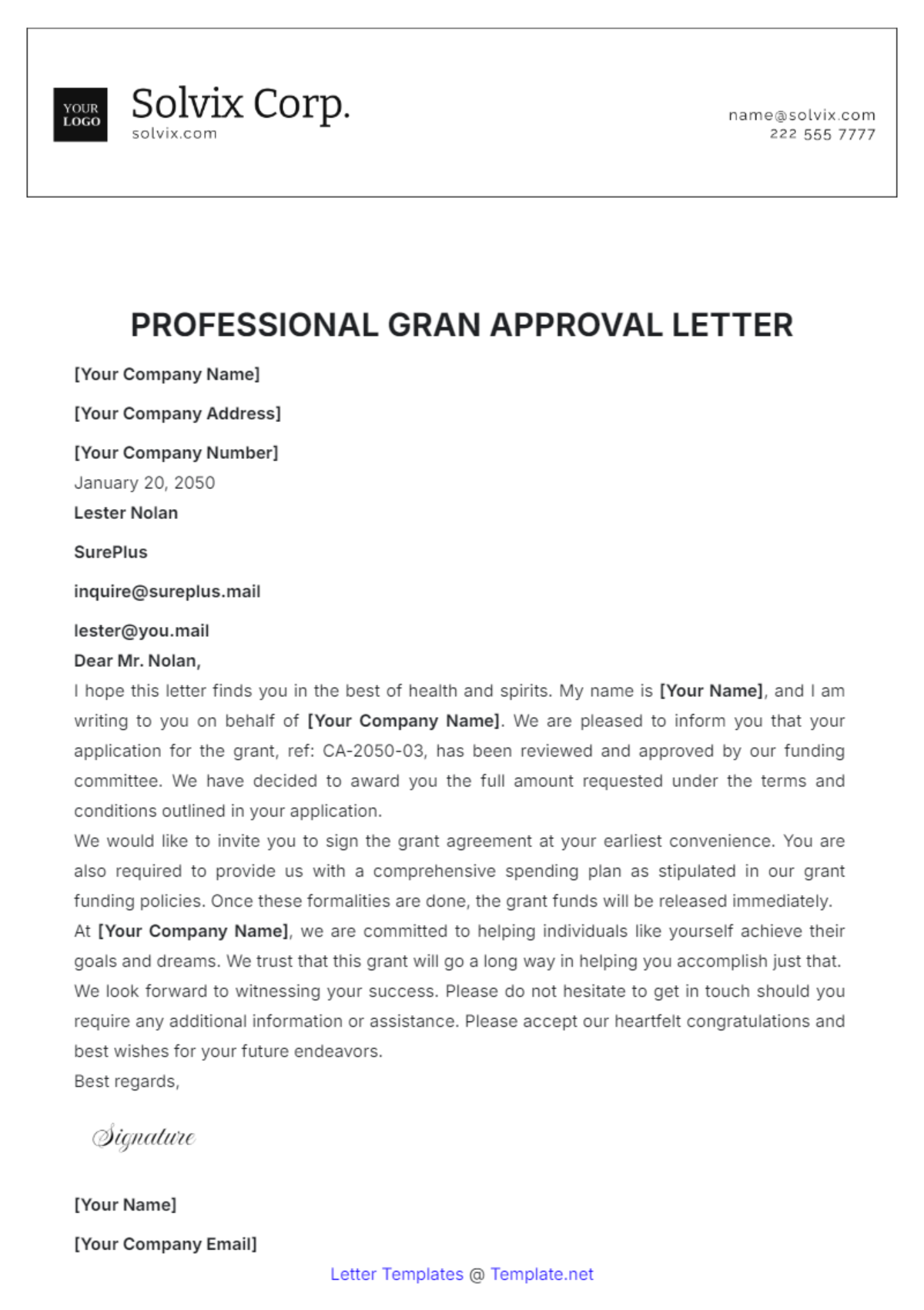 Professional Grant Approval Letter Template - Edit Online & Download