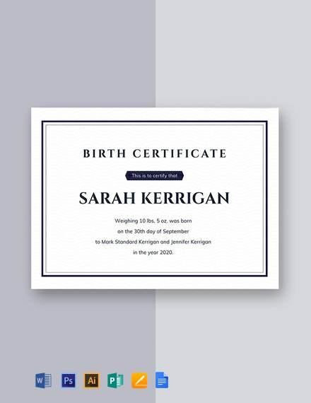 Free Blank Birth Certificate Sample Template - Google Docs, Illustrator, Word, Apple Pages, PSD, Publisher