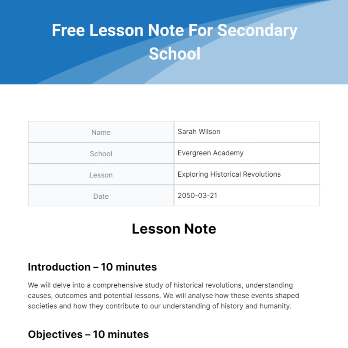 Free Lesson Note For Secondary School Template