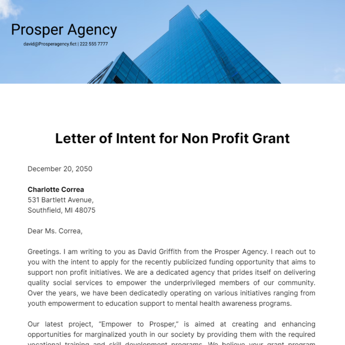 Letter of Intent for Non Profit Grant Template