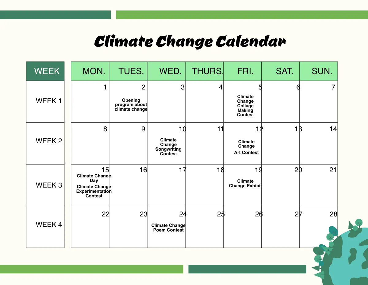 Free Climate Change Calendar Template to Edit Online