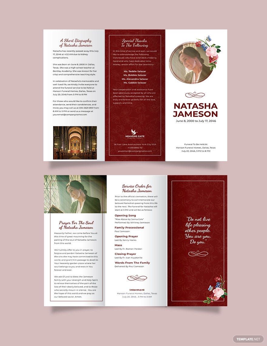 Church Funeral Program Tri-Fold Brochure Template in Word, Google Docs, Illustrator, PSD, Apple Pages, Publisher, InDesign