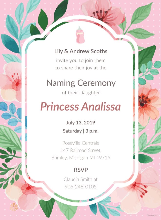 Free Baby Girl Naming Ceremony Invitation Template Adobe Illustrator ...