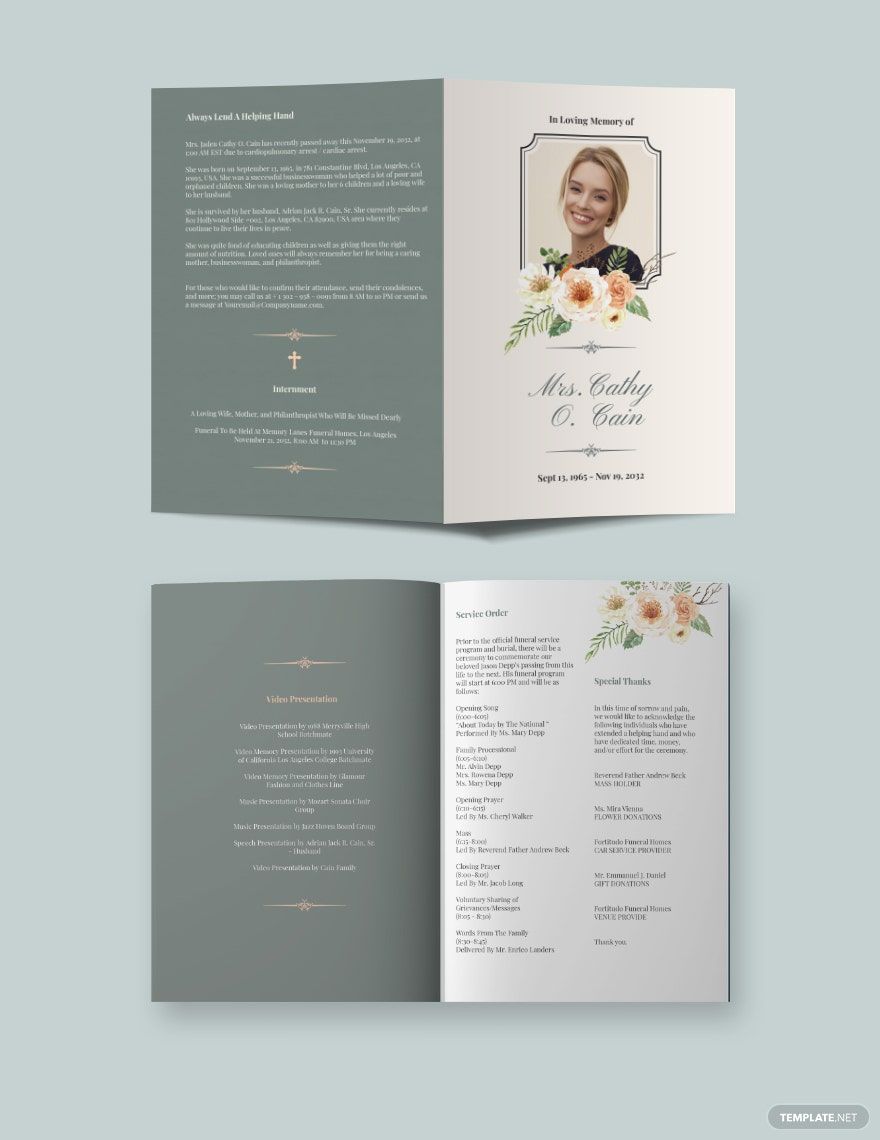 Classic Funeral Program Bi-Fold Brochure Template in Word, Google Docs, Illustrator, PSD, Apple Pages, Publisher, InDesign