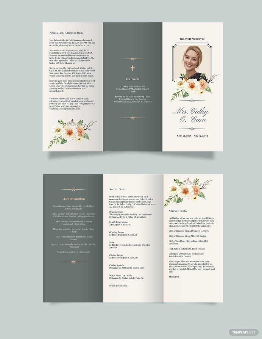 Classic Funeral Program Tri-Fold Brochure Template in Word, Google Docs, Illustrator, PSD, Apple Pages, Publisher, InDesign