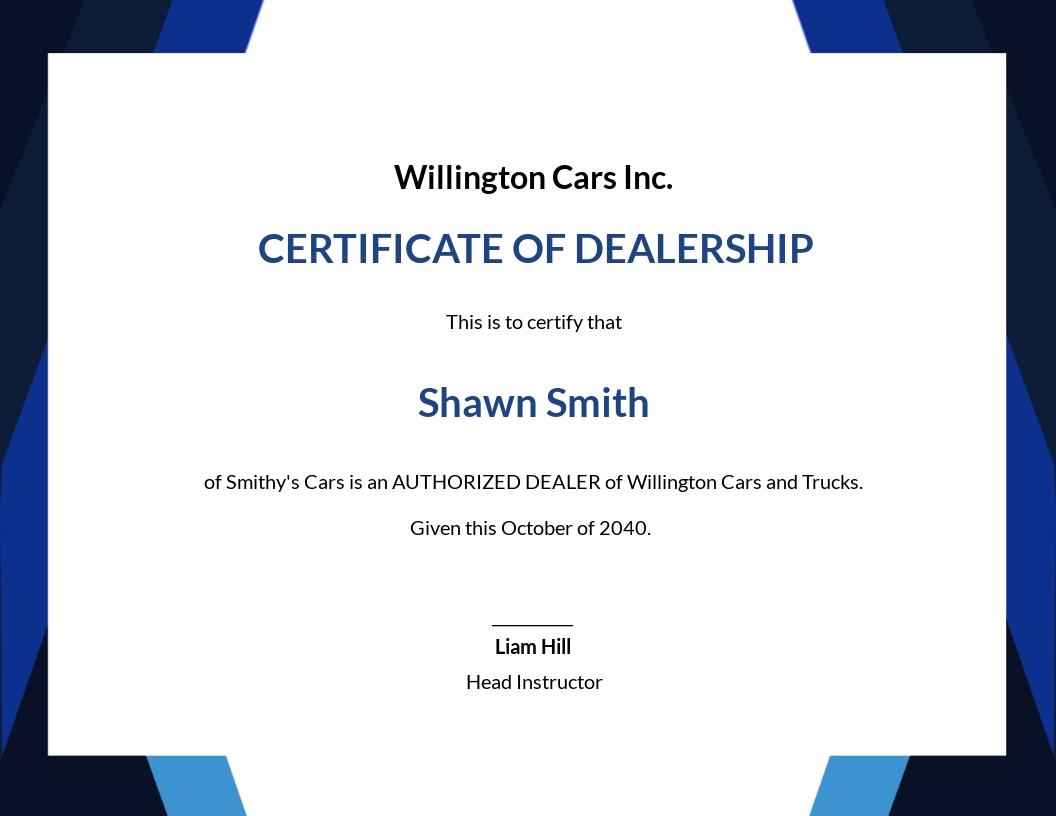 Dealership Completion Certificate Template in Google Docs, Word Pertaining To Certificate Of Authorization Template