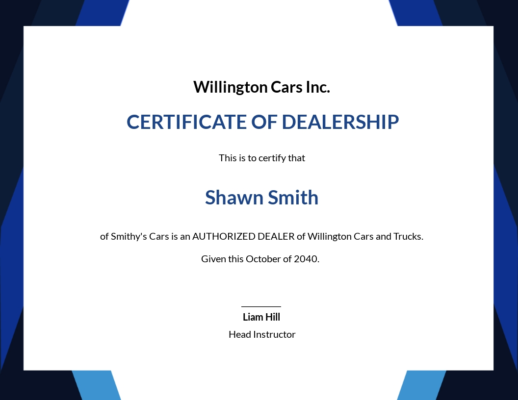 Dealership Completion Certificate Template - Google Docs, Word