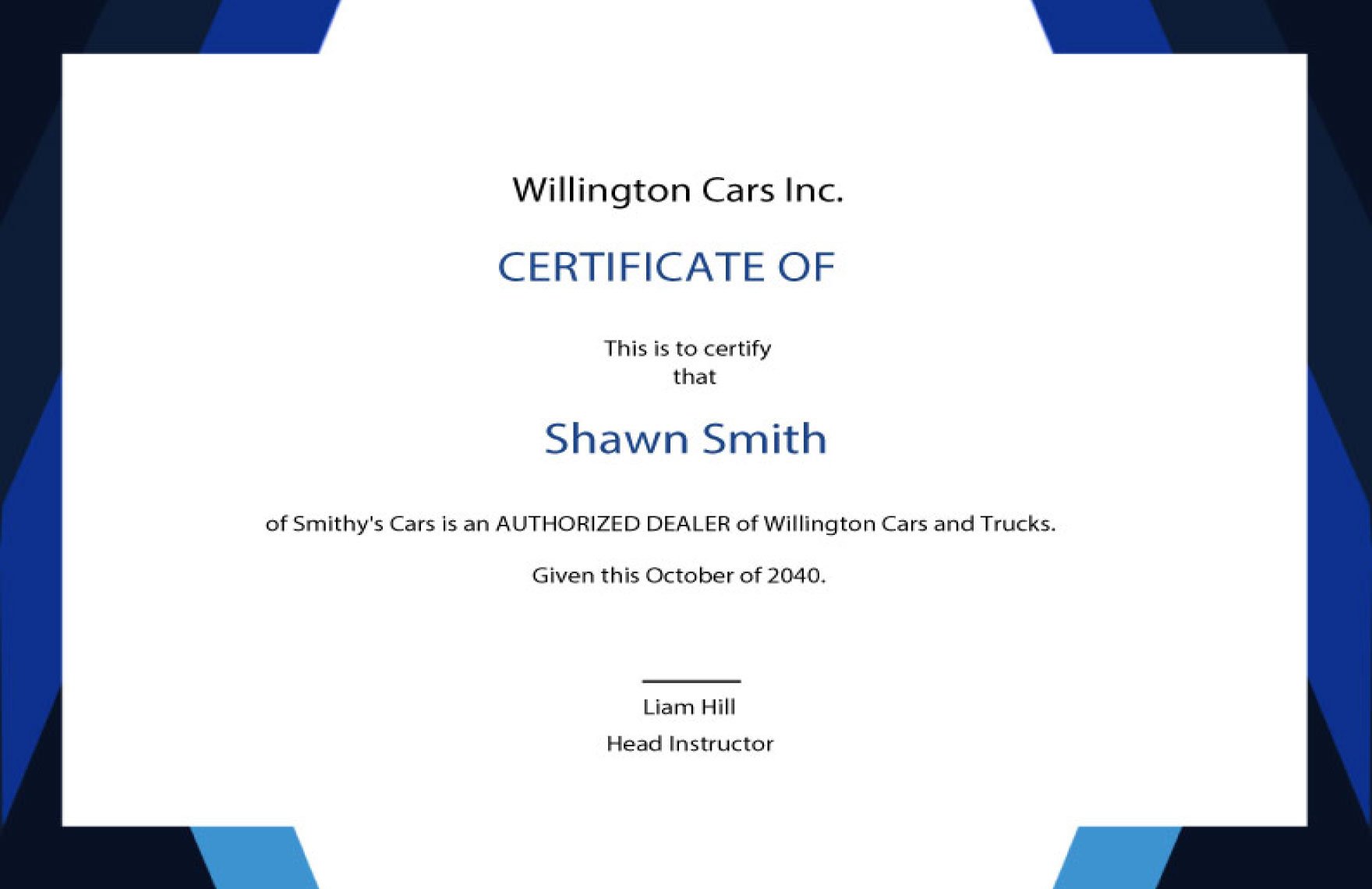 Dealership Completion Certificate Template