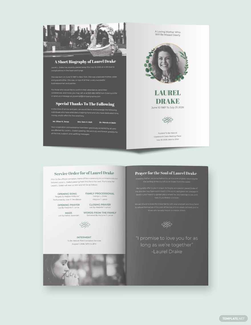 Elegant Funeral Program Bi-Fold Brochure Template in Word, Google Docs, Illustrator, PSD, Apple Pages, Publisher, InDesign